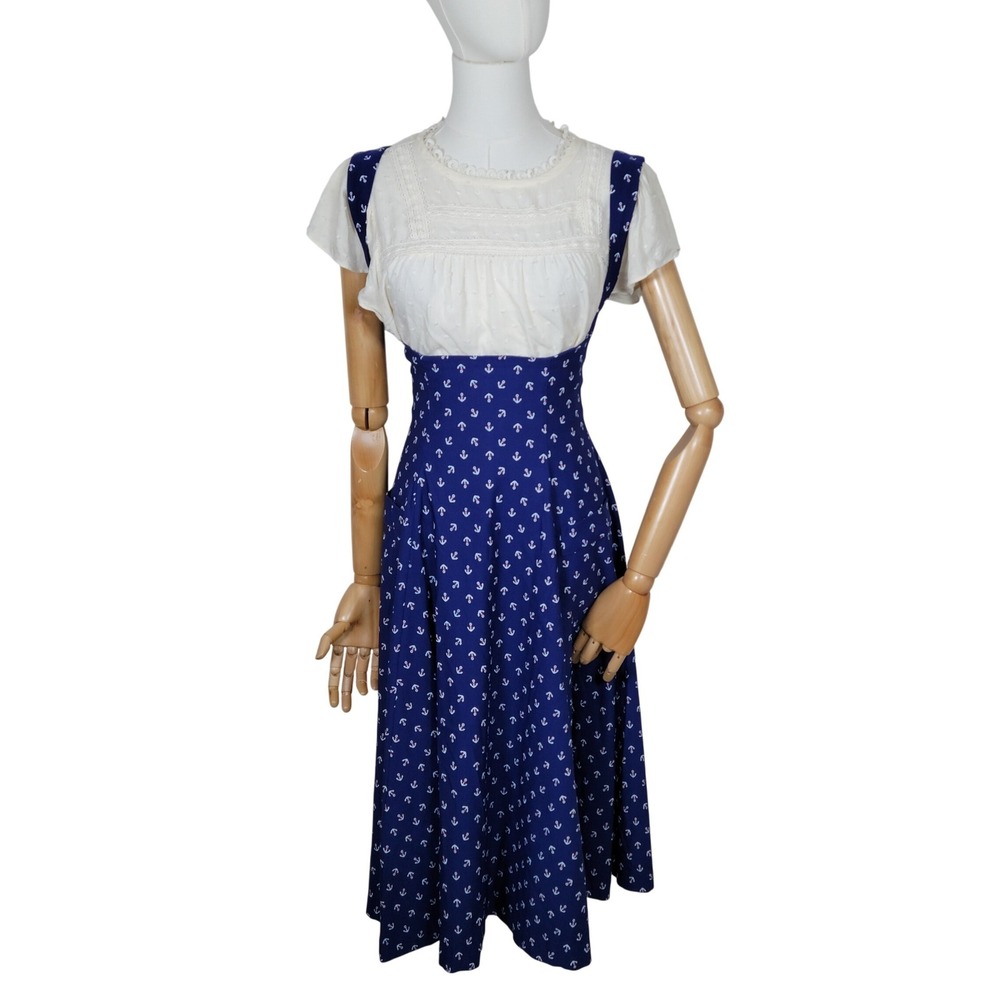 Unique Vintage Nautical Anchor Print Sailor Dress Retro Pin Up Midi Suspender XS - Picture 2 of 8